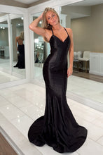 Load image into Gallery viewer, Bling Mermaid Spaghetti Straps Black Long Prom Dress with Beading