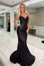 Load image into Gallery viewer, Bling Mermaid Spaghetti Straps Black Long Prom Dress with Beading