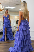 Load image into Gallery viewer, Blue A-Line Spaghetti Straps Lace Up Long Tiered Prom Dress with Slit