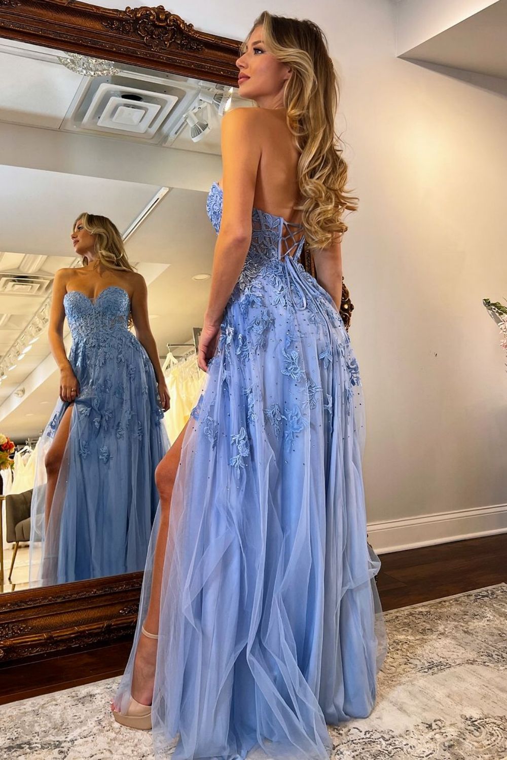 Blue A Line Blue Sweetheart Lace Up Long Tulle Prom Dress with Appliques