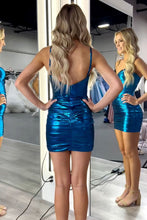 Load image into Gallery viewer, Blue Mermaid Spaghetti Straps Short Metallic Homecoming Dress with Pleating