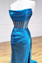 Load image into Gallery viewer, Blue Mermaid Strapless Sweep Train Satin Prom Dress With Split And Pleating