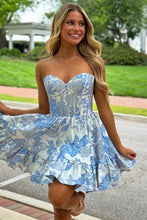 Load image into Gallery viewer, Blue Sweetheart A-Line Short Floral Print Homecoming Dress