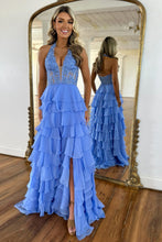 Load image into Gallery viewer, Blue A-Line Halter Neck Lace Top Long Tiered Chiffon Prom Dress With Slit