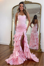 Load image into Gallery viewer, Gorgeous Mermaid Halter Neck Royal Blue Corset Prom Dress with Beading Ruffles