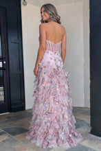 Load image into Gallery viewer, Gorgeous A Line Halter Neck Pink Floral Printed Corset Prom Dress with Ruffles