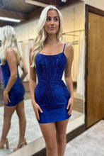 Load image into Gallery viewer, Bodycon Spaghetti Straps Lace Up Beaded Homecoming Dress With Appliques