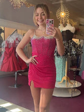 Load image into Gallery viewer, Royal Blue Bodycon Spaghetti Straps Short Beaded Homecoming Dress With Slit