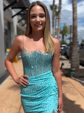 Load image into Gallery viewer, Royal Blue Bodycon Spaghetti Straps Short Beaded Homecoming Dress With Slit