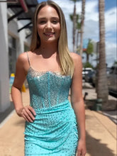 Load image into Gallery viewer, Royal Blue Bodycon Spaghetti Straps Short Beaded Homecoming Dress With Slit