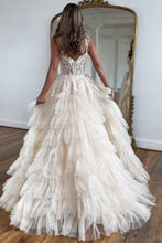 Load image into Gallery viewer, Champagne A-Line Tulle Long Prom Dress With Slit And Ruffles