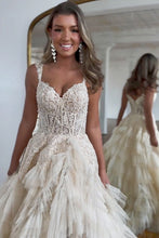 Load image into Gallery viewer, Champagne A-Line Tulle Long Prom Dress With Slit And Ruffles
