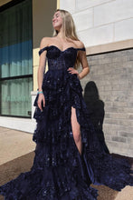 Load image into Gallery viewer, Stunning Glitter A-Line Off The Shoulder Long Tiered Prom Dress With Split
