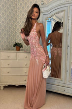 Load image into Gallery viewer, Charming A Line Halter Neck Pink Long Prom Dress with Appliques