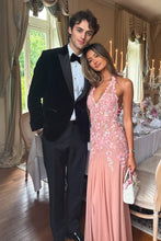 Load image into Gallery viewer, Charming A Line Halter Neck Pink Long Prom Dress with Appliques