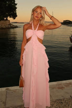 Load image into Gallery viewer, Charming A Line Halter Neck Pink Long Prom Dress with Ruffles