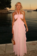 Load image into Gallery viewer, Charming A Line Halter Neck Pink Long Prom Dress with Ruffles