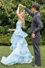 Load image into Gallery viewer, Charming A Line Spaghetti Straps Light Blue Corset Prom Dress with Appliques