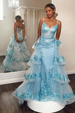 Load image into Gallery viewer, Charming A Line Spaghetti Straps Light Blue Corset Prom Dress with Appliques