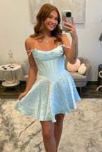 Load image into Gallery viewer, Charming A Line Off the Shoulder Light Blue Corset Homecoming Dress with Pearls