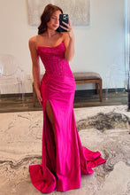 Load image into Gallery viewer, Charming Mermaid Fuchsia Strapless Lace Top Satin Prom Dress with Leg Slit