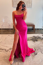 Load image into Gallery viewer, Charming Mermaid Fuchsia Strapless Lace Top Satin Prom Dress with Leg Slit
