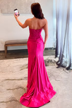Load image into Gallery viewer, Charming Mermaid Fuchsia Strapless Lace Top Satin Prom Dress with Leg Slit