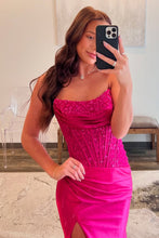 Load image into Gallery viewer, Charming Mermaid Fuchsia Strapless Lace Top Satin Prom Dress with Leg Slit