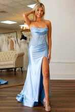 Load image into Gallery viewer, Charming Mermaid Fuchsia Strapless Lace Top Satin Prom Dress with Leg Slit