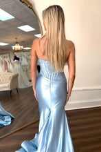 Load image into Gallery viewer, Charming Mermaid Fuchsia Strapless Lace Top Satin Prom Dress with Leg Slit