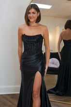 Load image into Gallery viewer, Charming Mermaid Fuchsia Strapless Lace Top Satin Prom Dress with Leg Slit