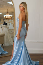 Load image into Gallery viewer, Charming Mermaid Fuchsia Strapless Lace Top Satin Prom Dress with Leg Slit