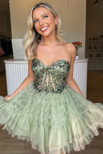 Load image into Gallery viewer, Well-tailored A Line Sweetheart Mint Green Tulle Corset Homecoming Dress with Appliques