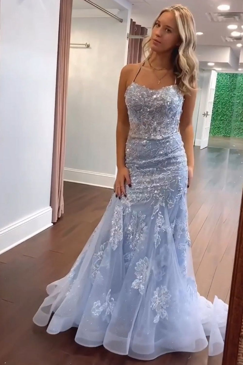 Straight Across Lace-up Back Sequin Mesh Mermaid Long Prom Dress GLGL3127 main image 0