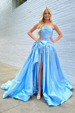 Load image into Gallery viewer, Charming Light Blue A-Line Strapless Court Train Satin Prom Dress with Bowknot