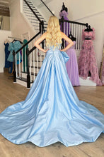 Load image into Gallery viewer, Charming Light Blue A-Line Strapless Court Train Satin Prom Dress with Bowknot