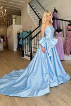 Load image into Gallery viewer, Charming Light Blue A-Line Strapless Court Train Satin Prom Dress with Bowknot