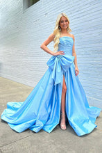 Load image into Gallery viewer, Charming Light Blue A-Line Strapless Court Train Satin Prom Dress with Bowknot