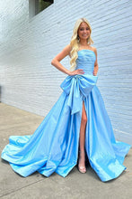 Load image into Gallery viewer, Charming Light Blue A-Line Strapless Court Train Satin Prom Dress with Bowknot