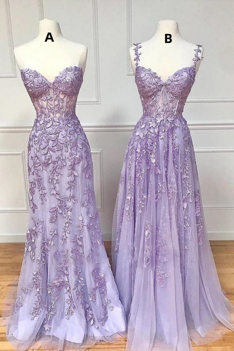 Lilac Mermaid Sweetheart Corset Appliques Prom Dress With Side Slit