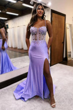 Load image into Gallery viewer, Sparkly Lilac Mermaid Spaghetti Straps Sweep Train Prom Dress With Slit