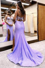 Load image into Gallery viewer, Sparkly Lilac Mermaid Spaghetti Straps Sweep Train Prom Dress With Slit