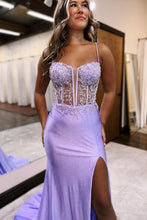 Load image into Gallery viewer, Sparkly Lilac Mermaid Spaghetti Straps Sweep Train Prom Dress With Slit