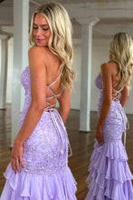 Load image into Gallery viewer, Stunning Lilac Mermaid Spaghetti Straps Lace Prom Dress with Ruffle Skirt
