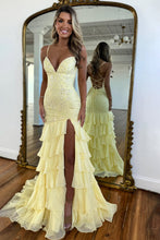 Load image into Gallery viewer, Stunning Lilac Mermaid Spaghetti Straps Lace Prom Dress with Ruffle Skirt