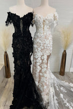 Load image into Gallery viewer, Charming Mermaid Off the Shoulder White/Black Long Prom Dress with Appliques