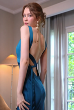 Load image into Gallery viewer, Charming Mermaid V Neck Blue Long Prom Dress with Open Back