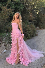Load image into Gallery viewer, Charming Pink Mermaid Strapless Long Tulle Prom Dress with 3D Flowers