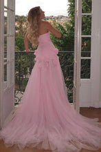 Load image into Gallery viewer, Charming Pink Mermaid Strapless Long Tulle Prom Dress with 3D Flowers
