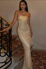 Load image into Gallery viewer, Charming Sheath Strapless Champagne Sequins Long Prom Dress with Ruched